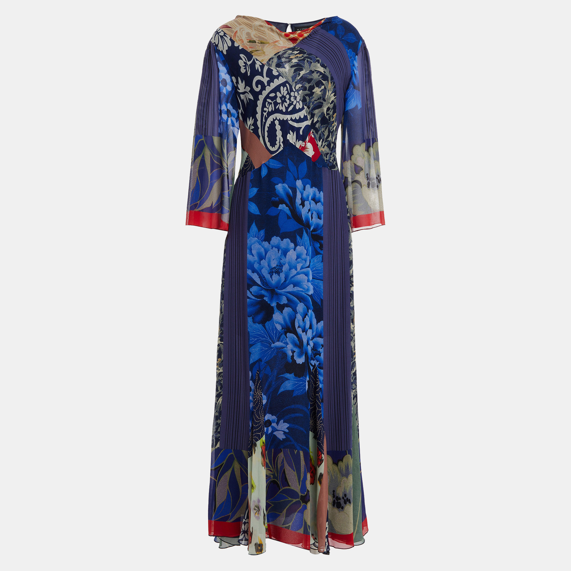 Etro navy blue printed silk midi dress s (it 40)
