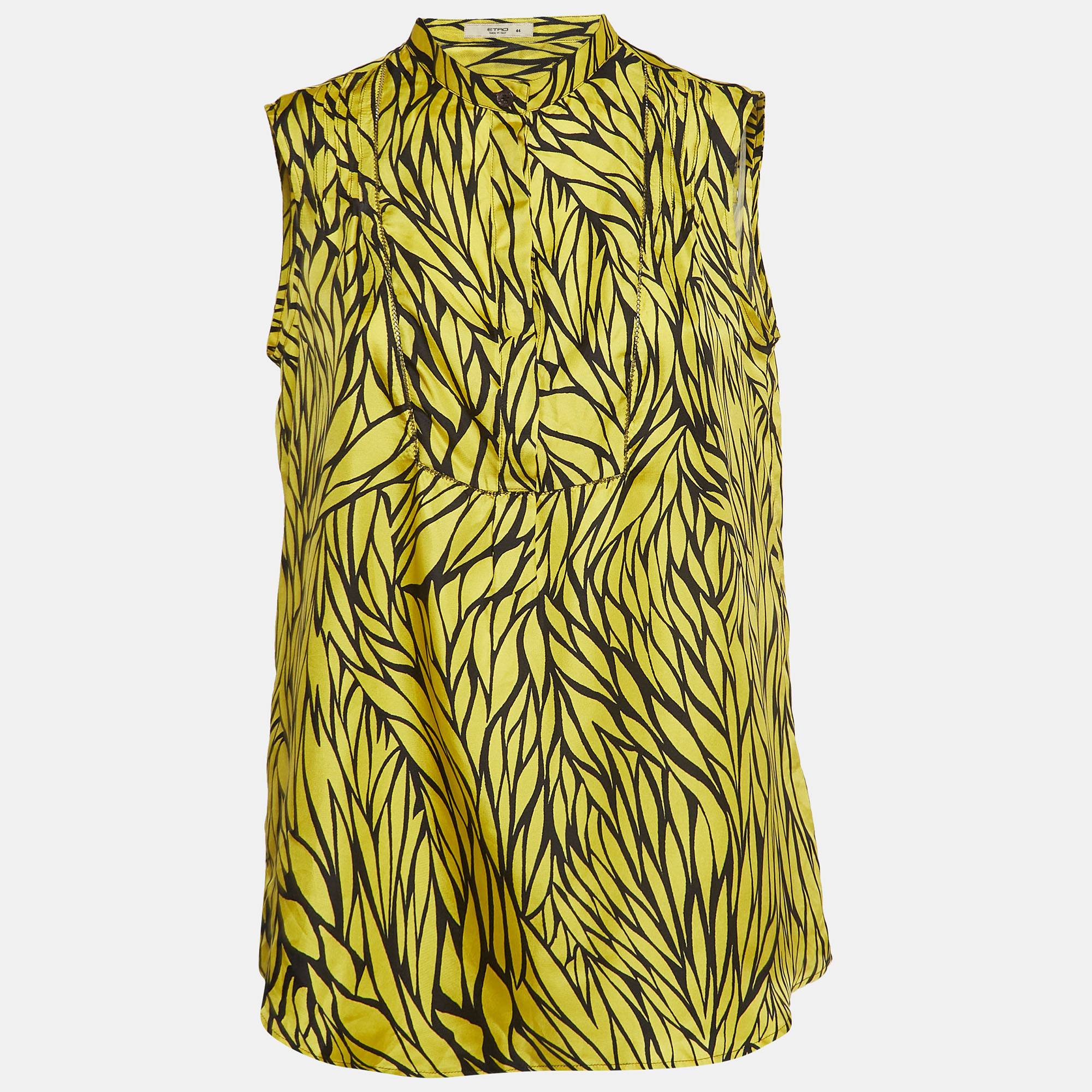 Etro yellow leaf printed silk sleeveless top m