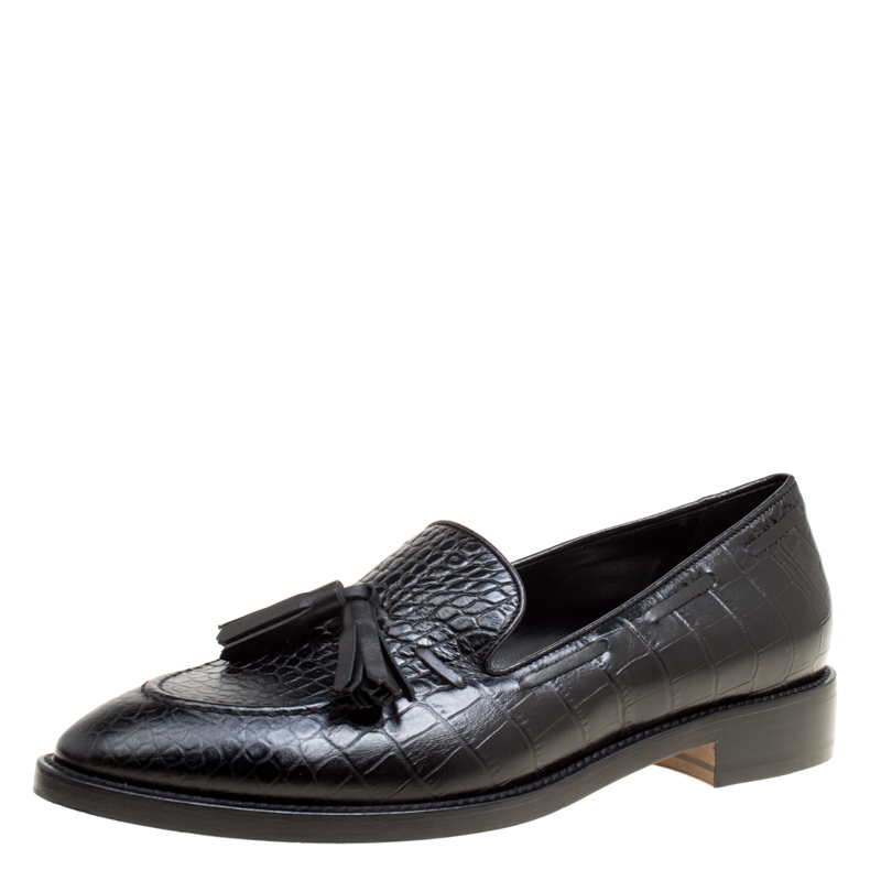 Image of Etro Black Embossed Leather Tassel Loafers Size