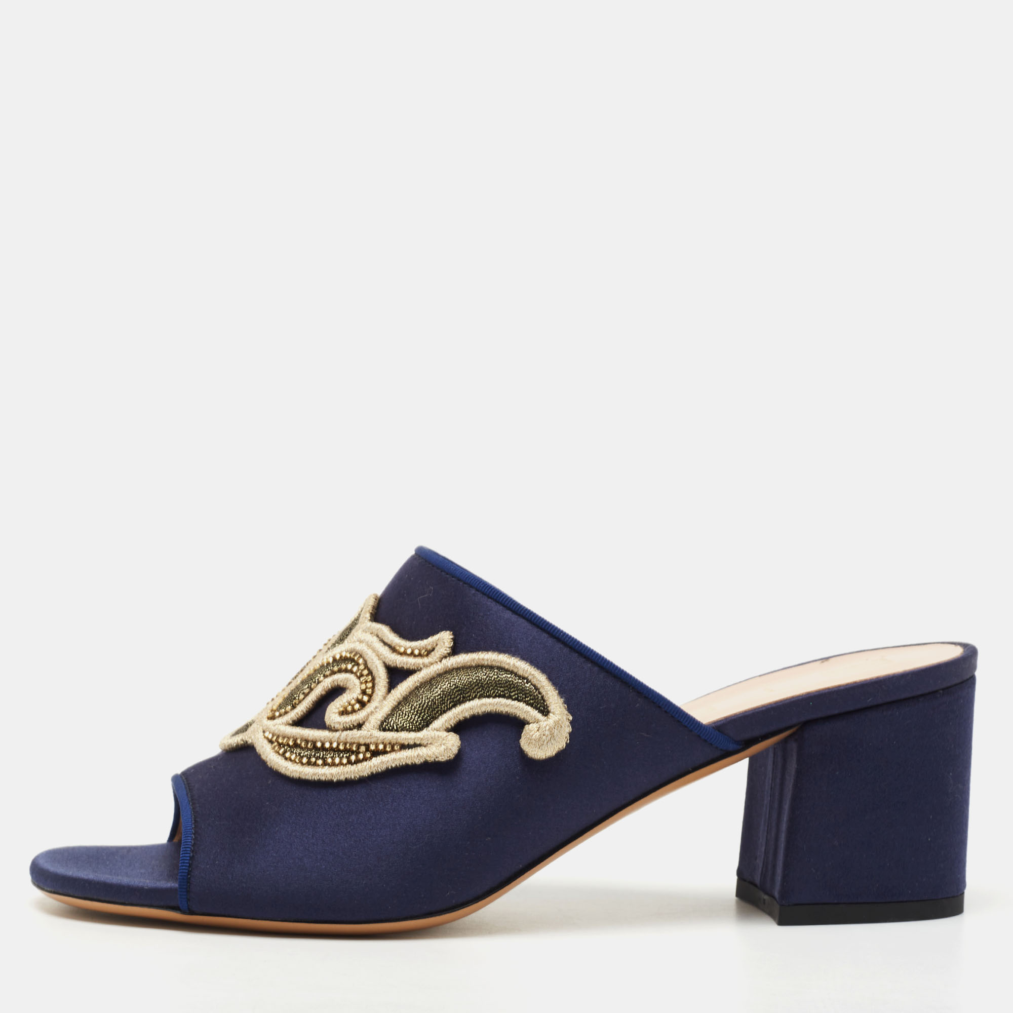 Etro navy blue satin slide sandals size 40