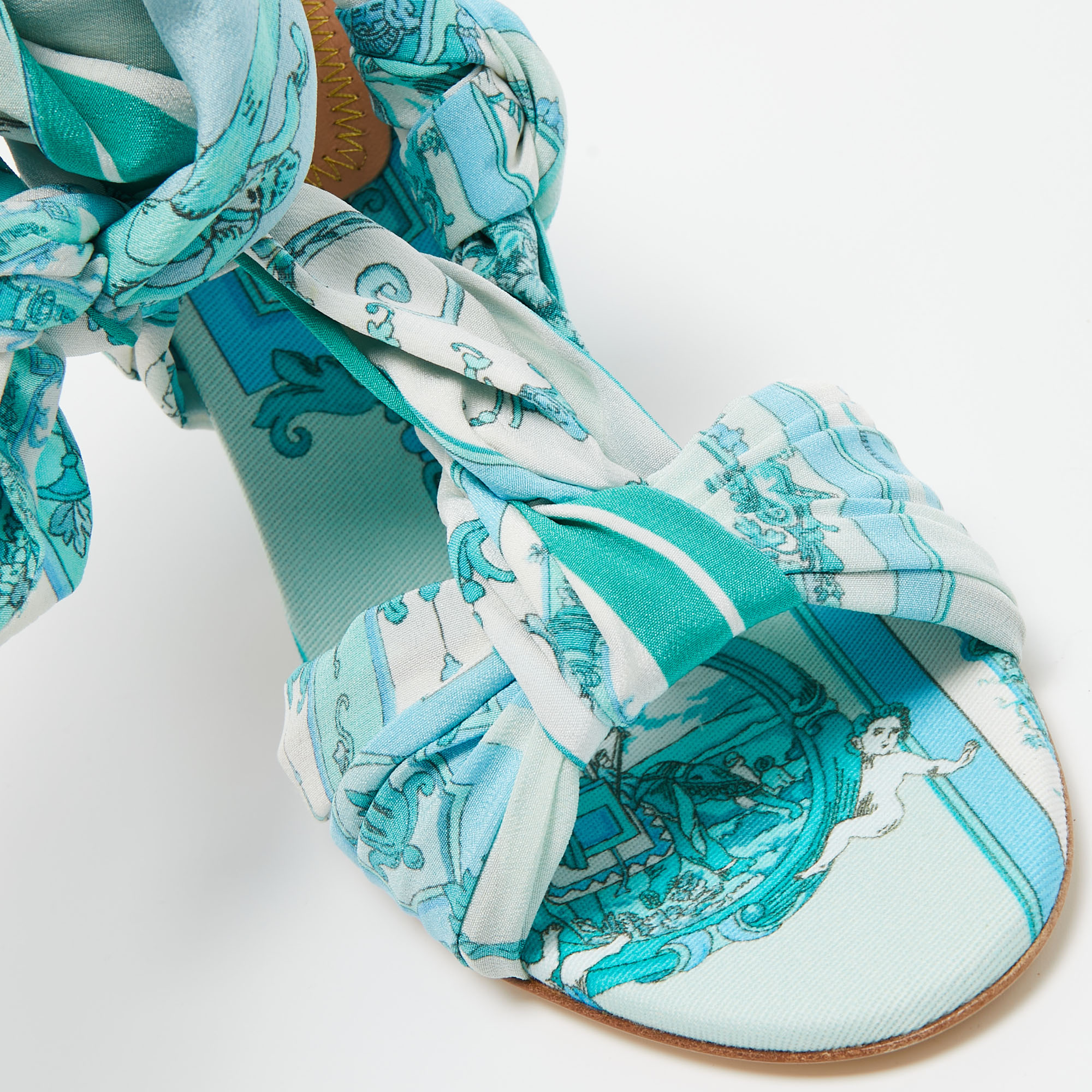 Etro Blue Ornamental Scarf Printed Fabric Block Heel Ankle Wrap Sandals Size 38