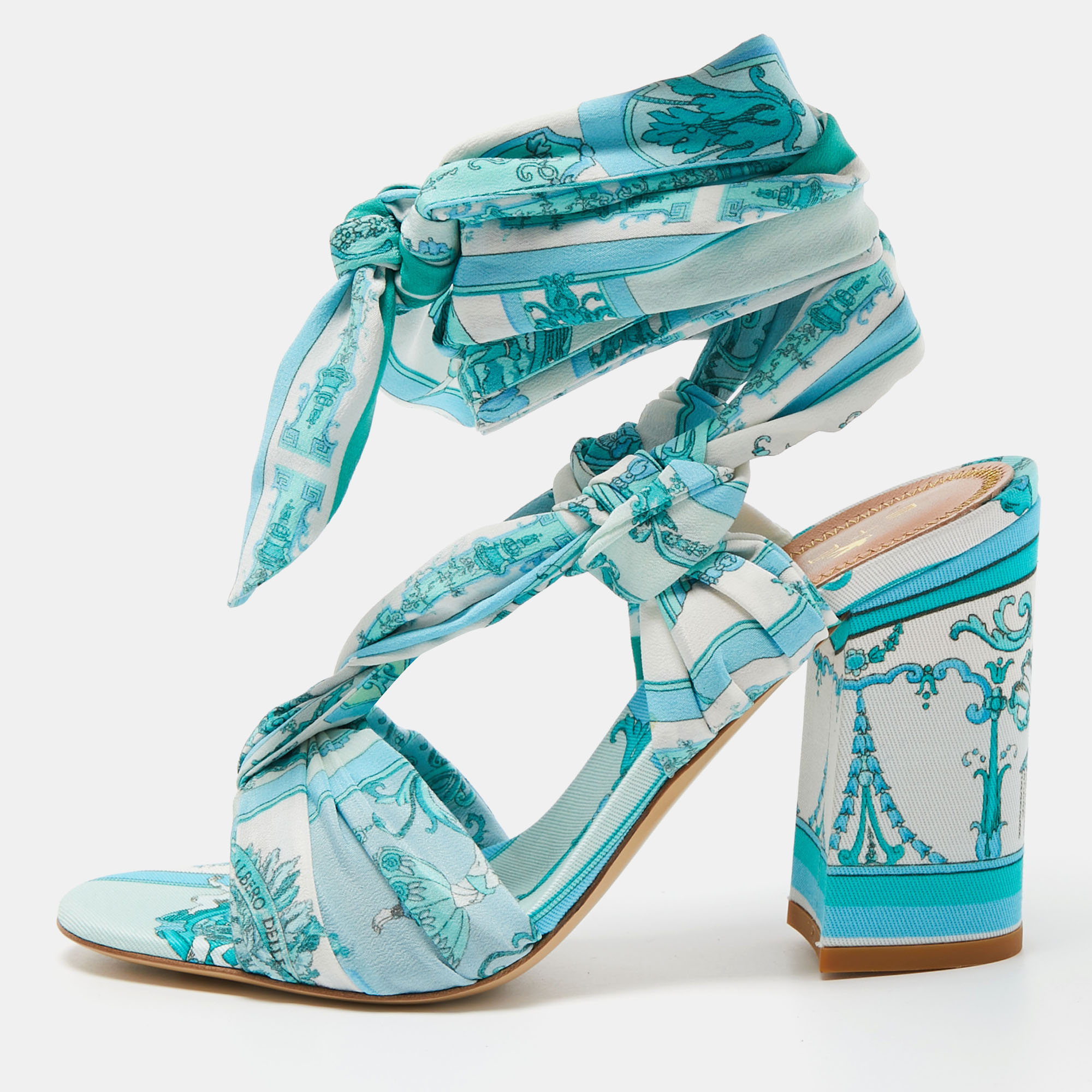 Etro Blue Ornamental Scarf Printed Fabric Block Heel Ankle Wrap Sandals Size 38