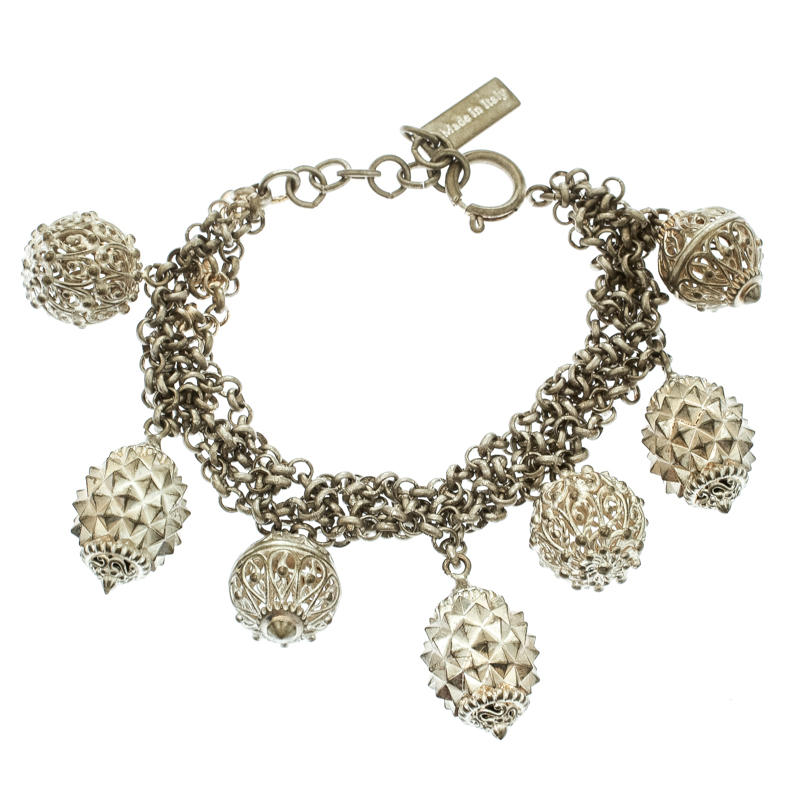 Etro textured charm silver tone chain link bracelet