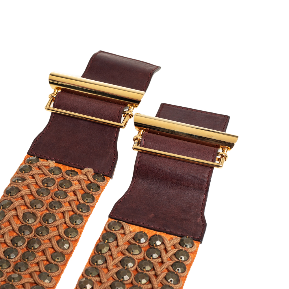 Etro Orange/Brown Leather And Fabric Studded Waist Belt 75CM