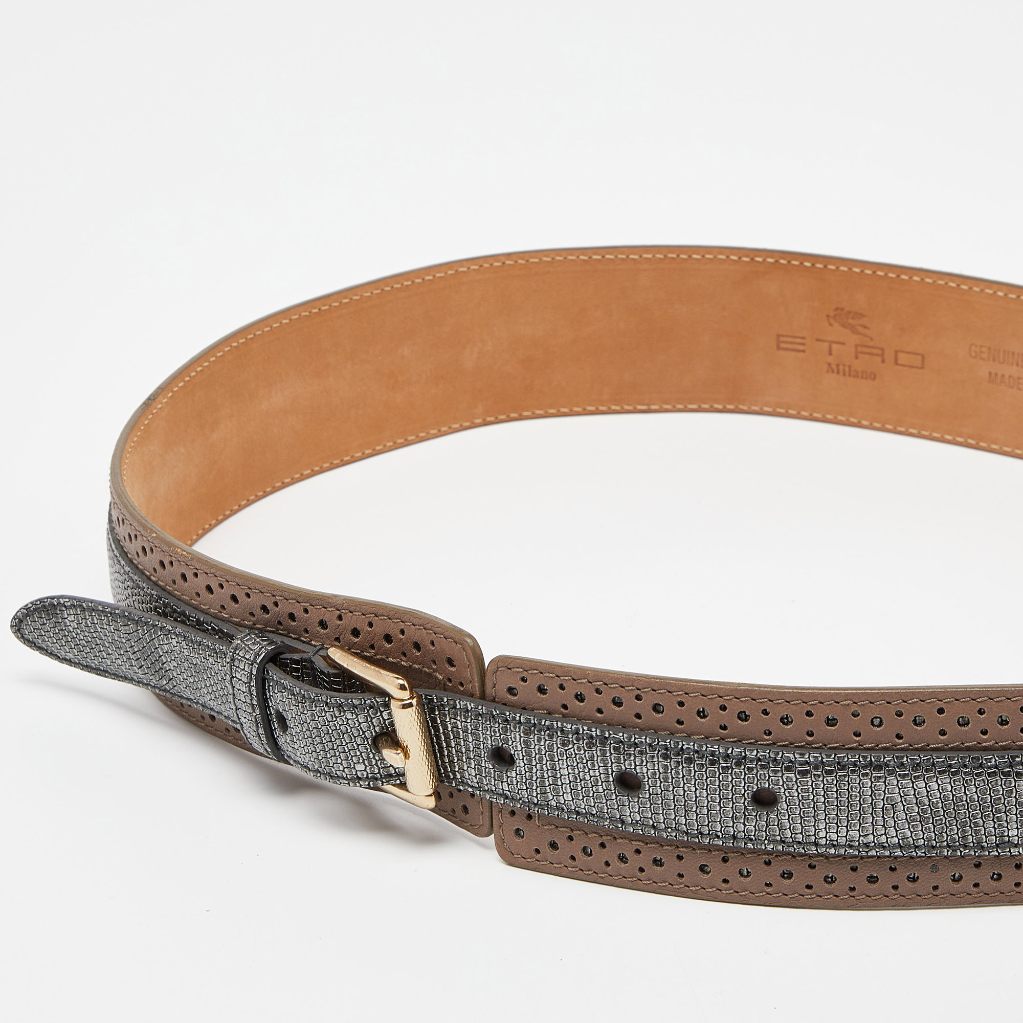 Etro Brown/Silver Lizard Embossed Leather Waist Belt 80CM