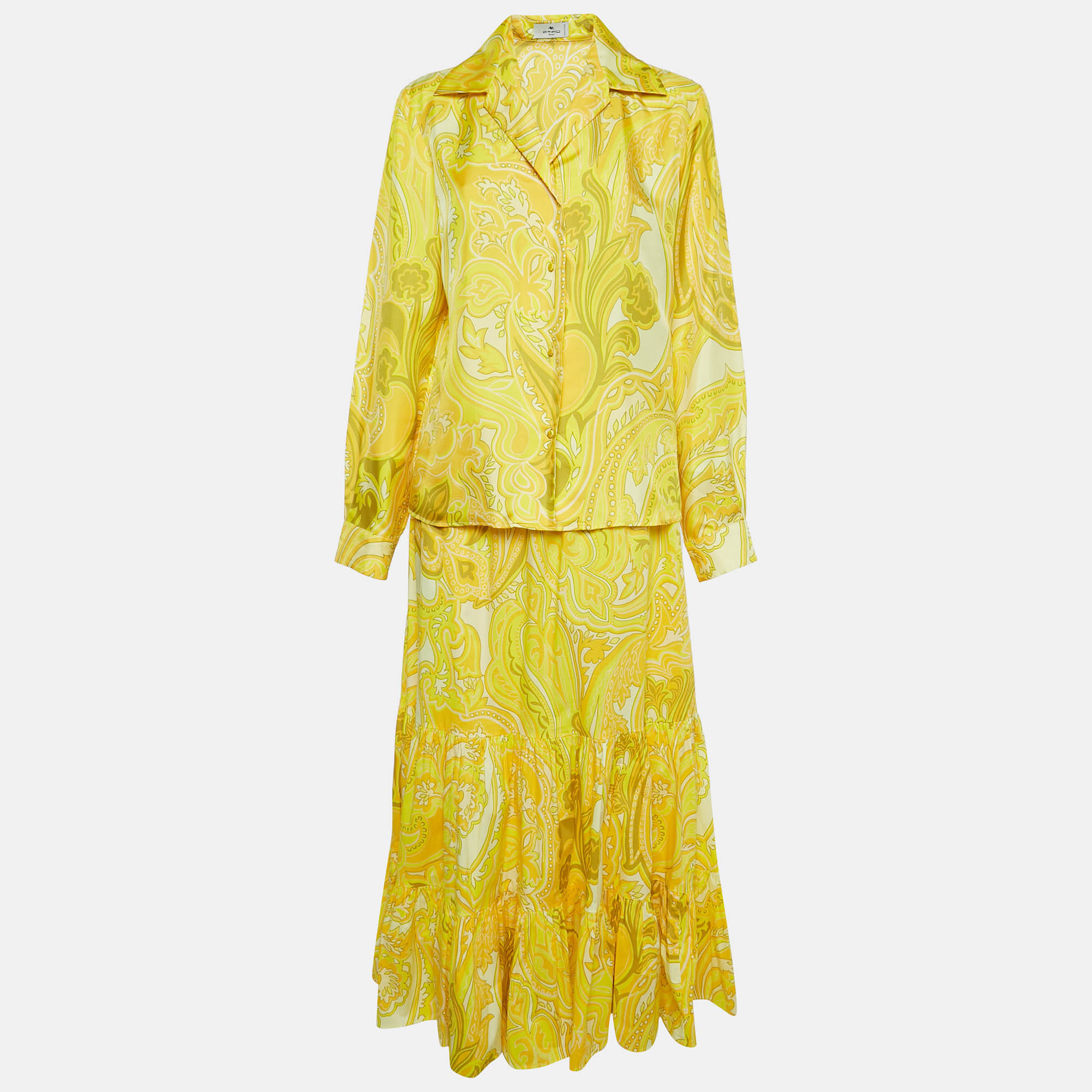 Etro Yellow Printed Silk/Cotton Shirt And Skirt Set M/L