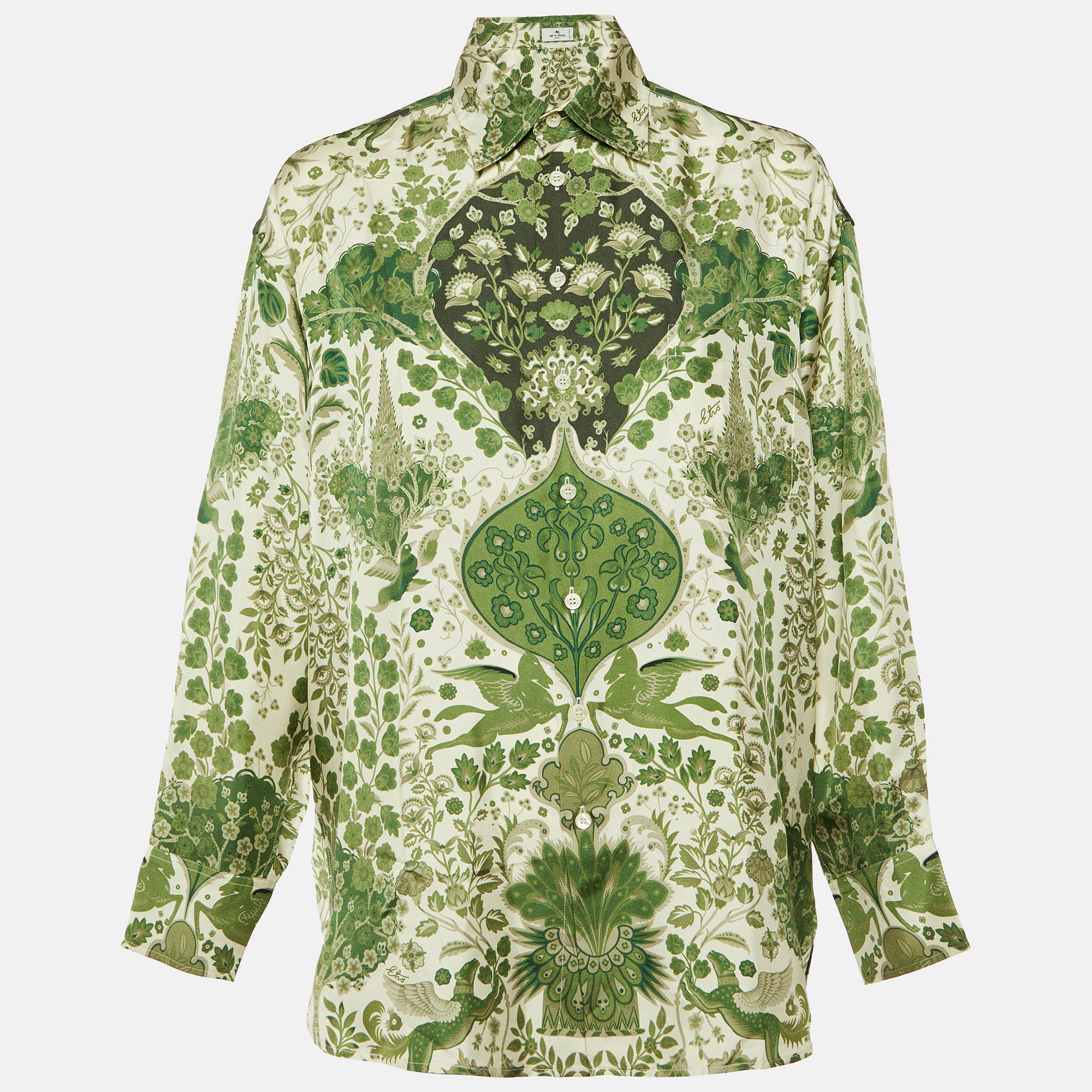 Etro Green Floral Print Silk Artica Oversized Shirt S
