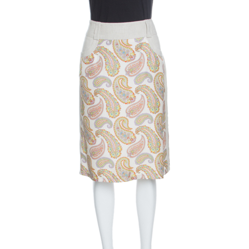 Etro Beige Linen Silk Paisley Printed Skirt M