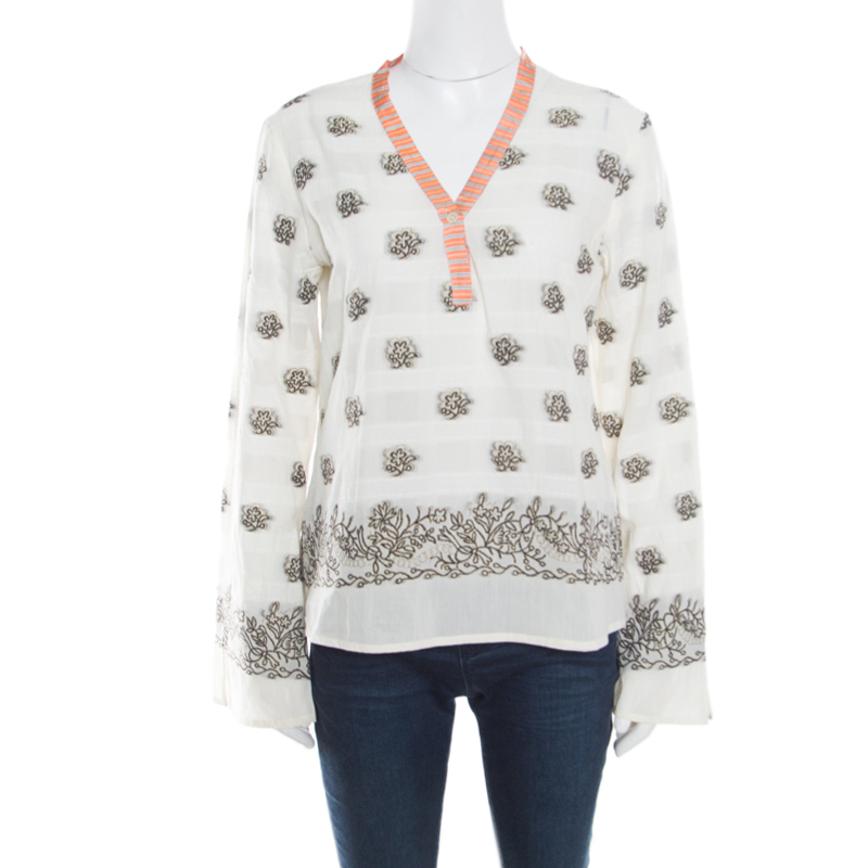 Image of Etro Cream Floral Lurex Jacquard Contrast Neck Detail Long Sleeve Blouse M