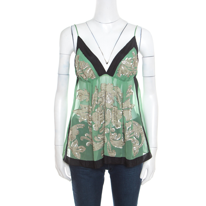 Etro Green Sheer Silk Sequined Floral Applique Detail Babydoll Top L