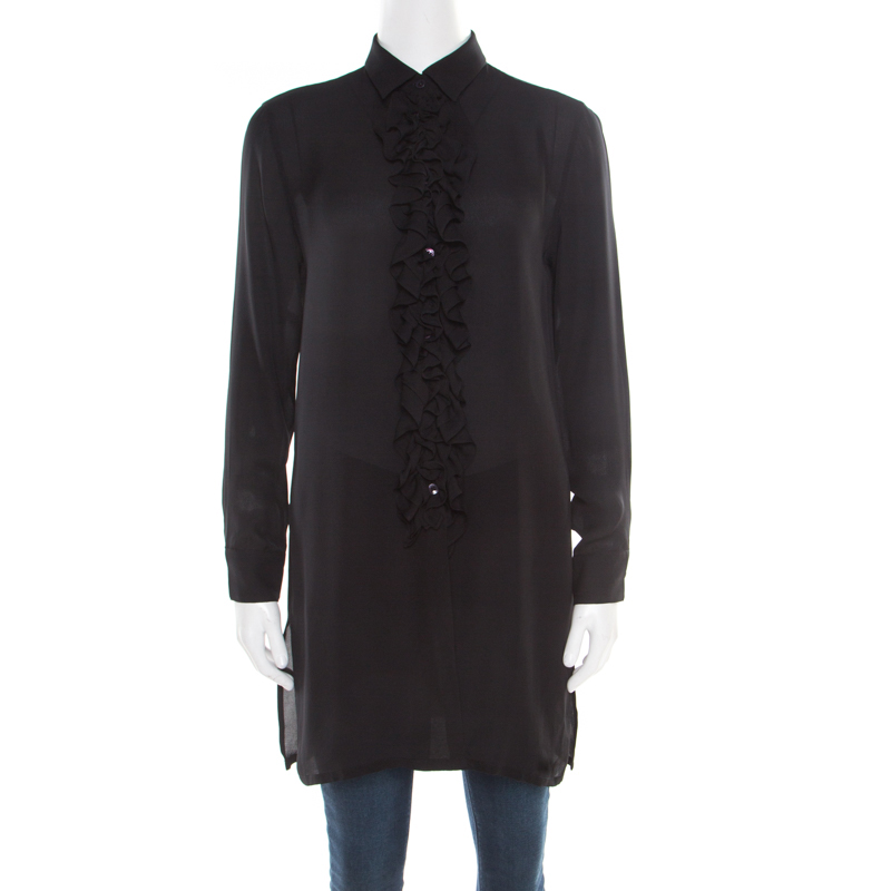 Image of Etro Black Sheer Silk Ruffle Front Tunic Top S