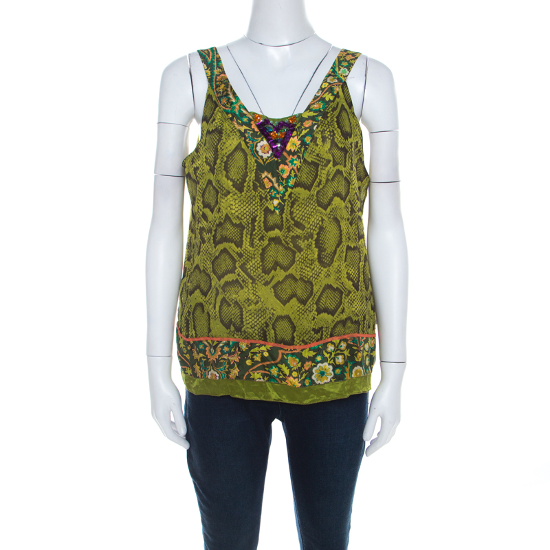 Etro lime green snakeskin print silk embellished sleeveless top l