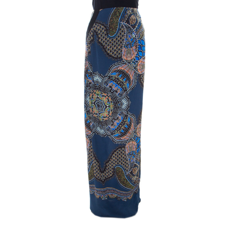 Image of Etro Blue Abstract Print Silk Maxi Skirt M