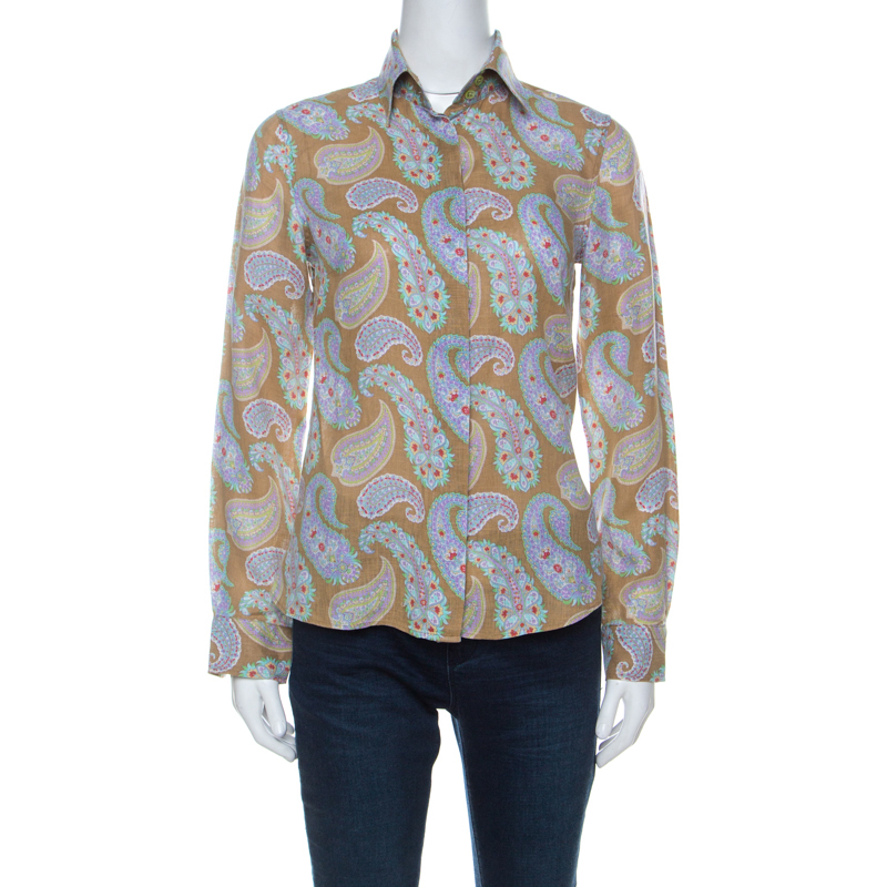 Etro multicolor paisley print linen long sleeve button front shirt s