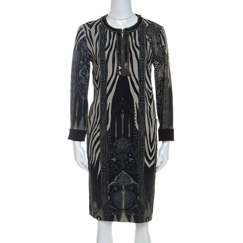 Etro Grey Zebra Print Embellished Neckline Shift Dress M