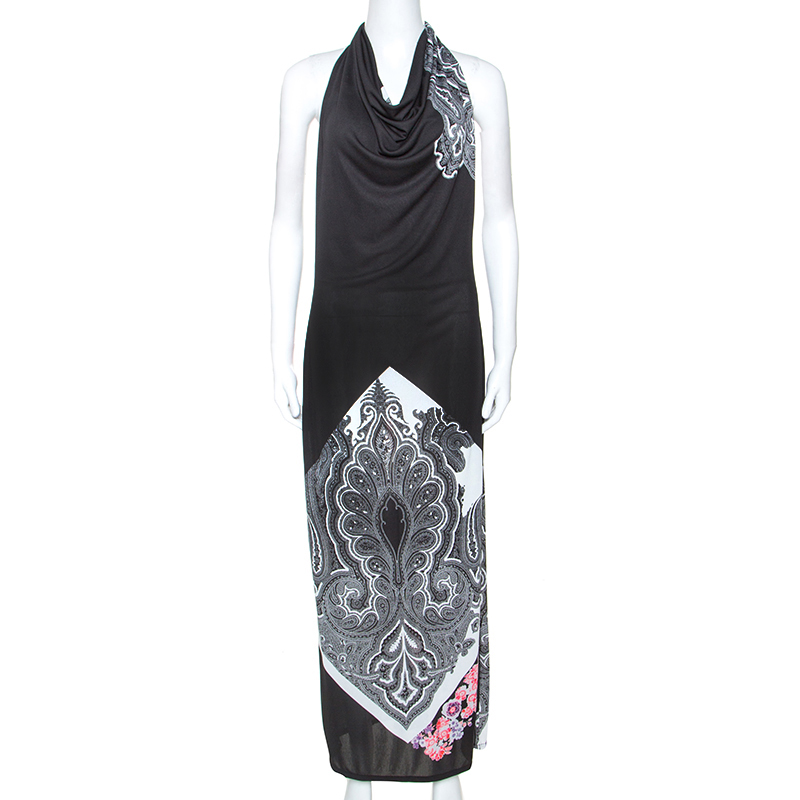 Image of Etro Black Paisley Print Cowl Halterneck Maxi Dress M
