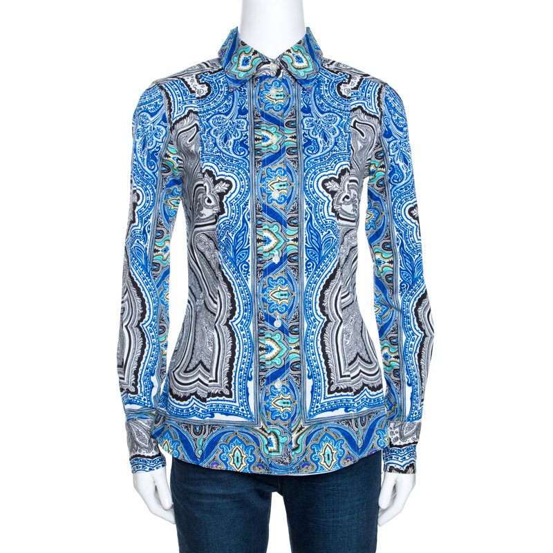 Image of Etro Blue Printed Stretch Cotton Long Sleeve Shirt S