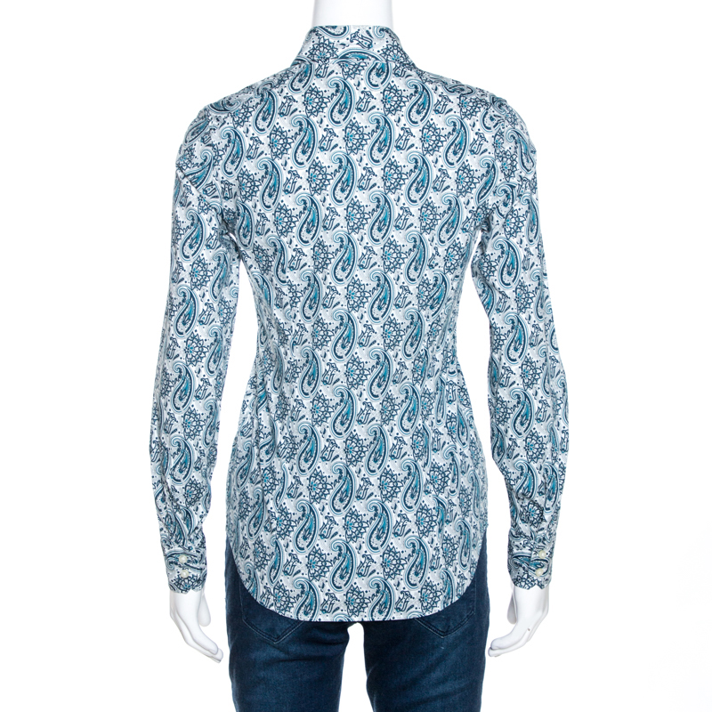 Etro Teal Blue Paisley Printed Stretch Cotton Shirt S