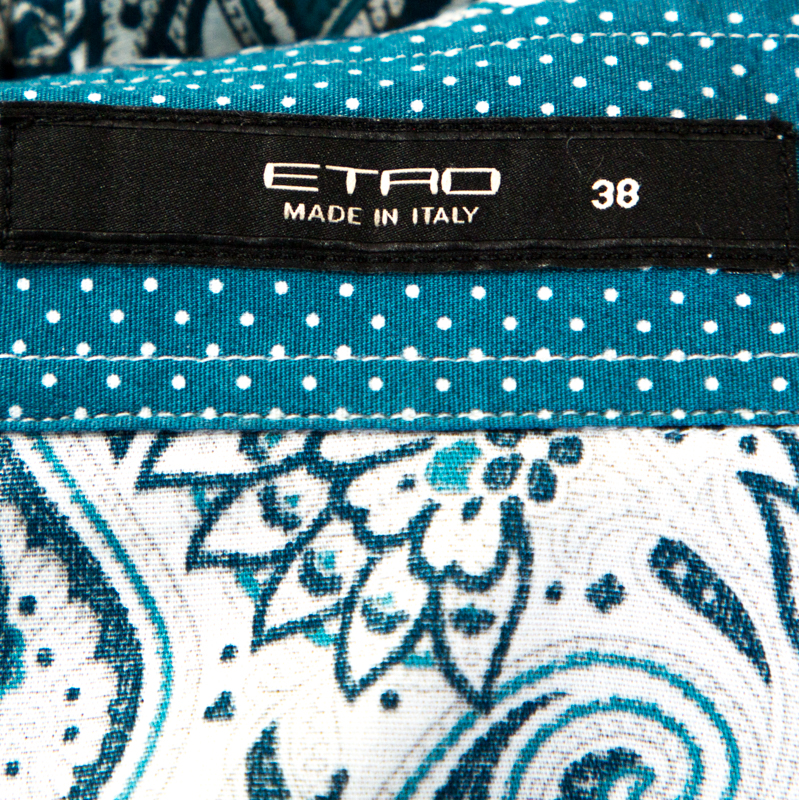 Etro Teal Blue Paisley Printed Stretch Cotton Shirt S