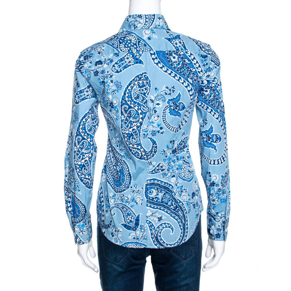 Etro Blue Paisley Print Stretch Cotton Shirt S
