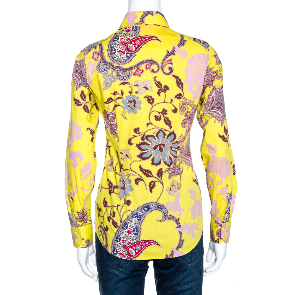 Etro Yellow Floral Paisley Print Stretch Cotton Shirt S
