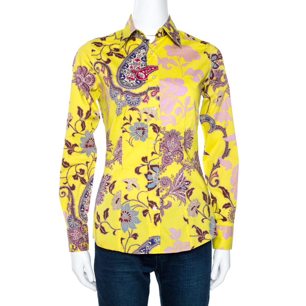 Etro Yellow Floral Paisley Print Stretch Cotton Shirt S