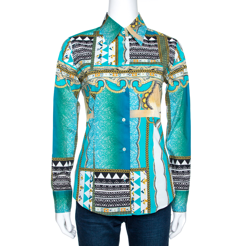 Image of Etro Blue Paisley Print Stretch Cotton Tribal Accent Shirt S