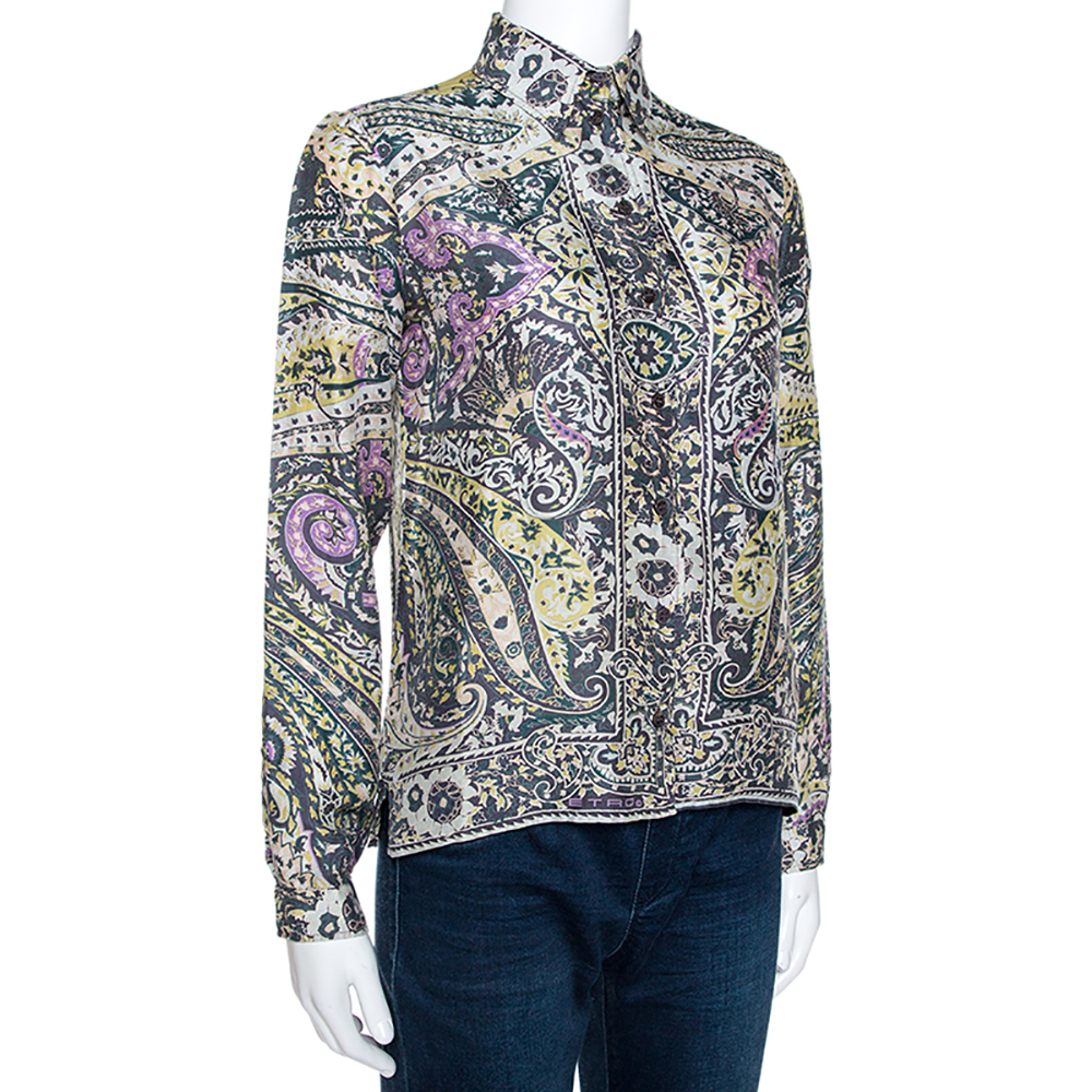 Etro Multicolor Floral Paisley Print Silk Long Sleeve Shirt M