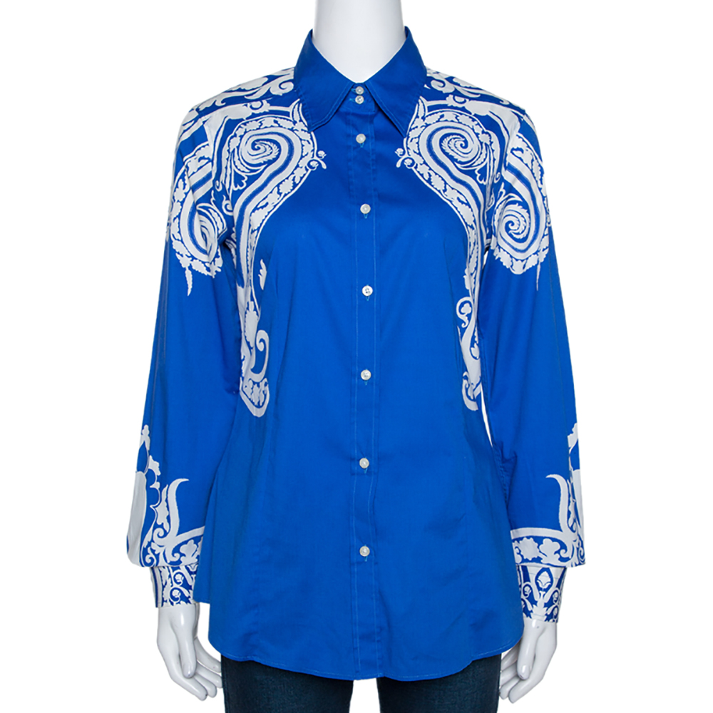 Image of Etro Blue & White Paisley Print Stretch Cotton Shirt M