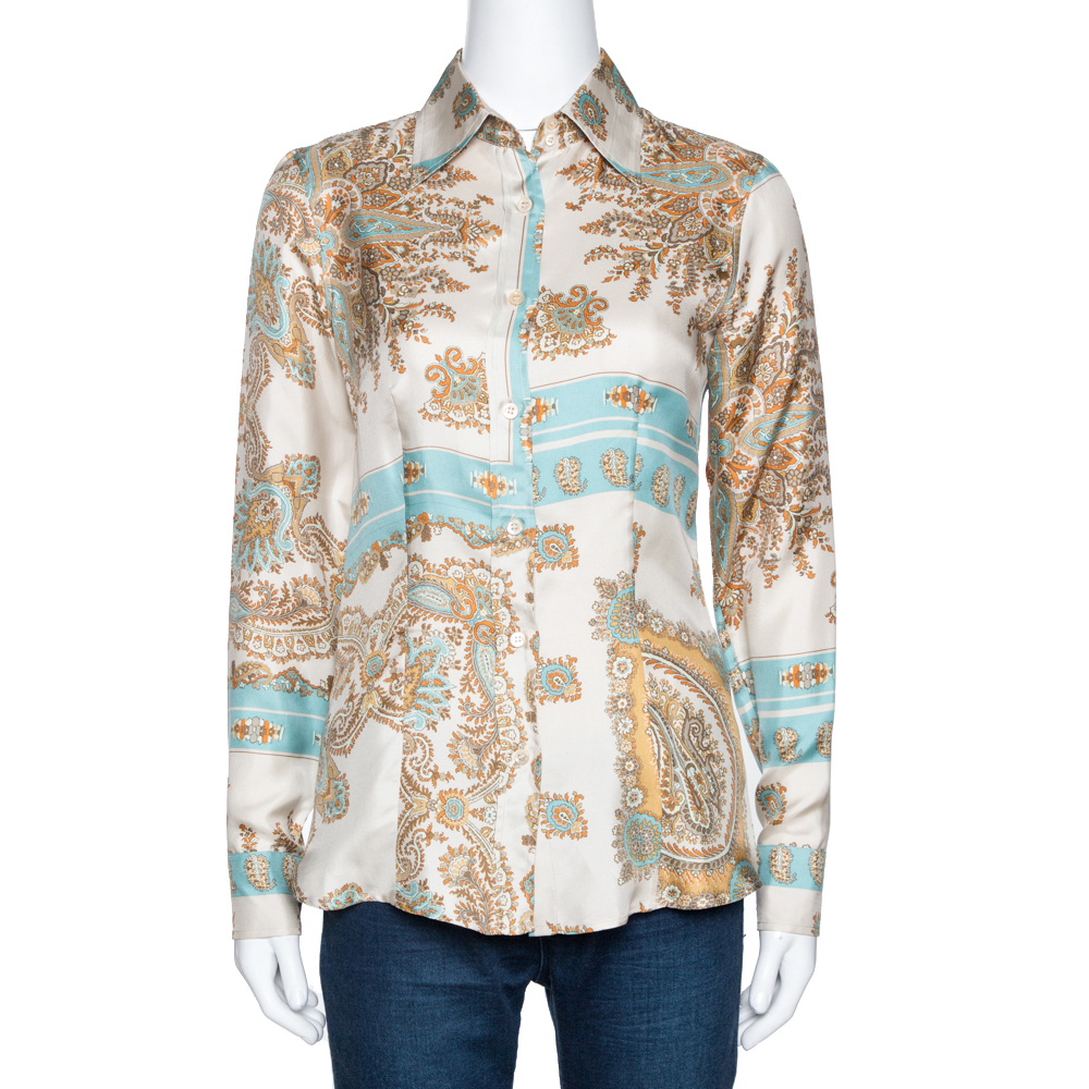Image of Etro Cream and Teal Paisley Print Silk Long Sleeve Shirt S