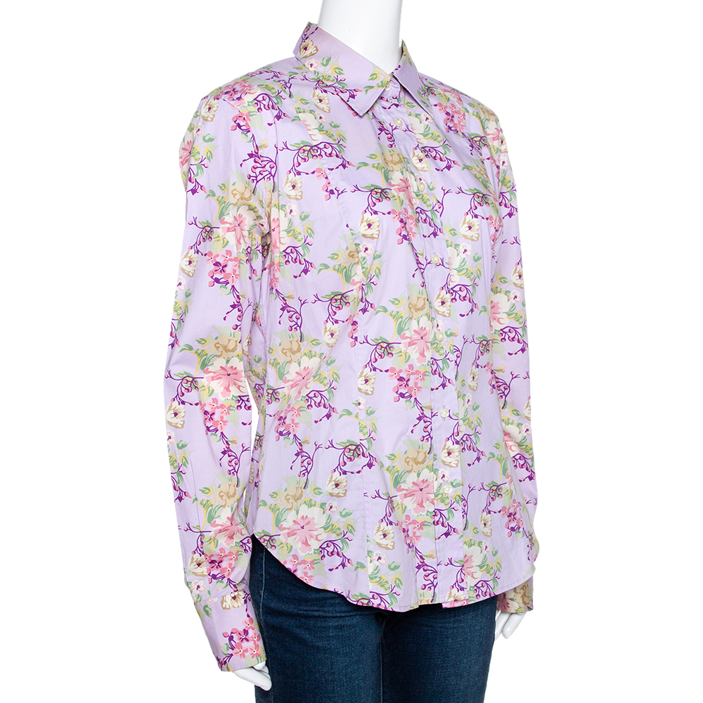 Etro Mauve Floral Printed Cotton Button Front Fitted Shirt L