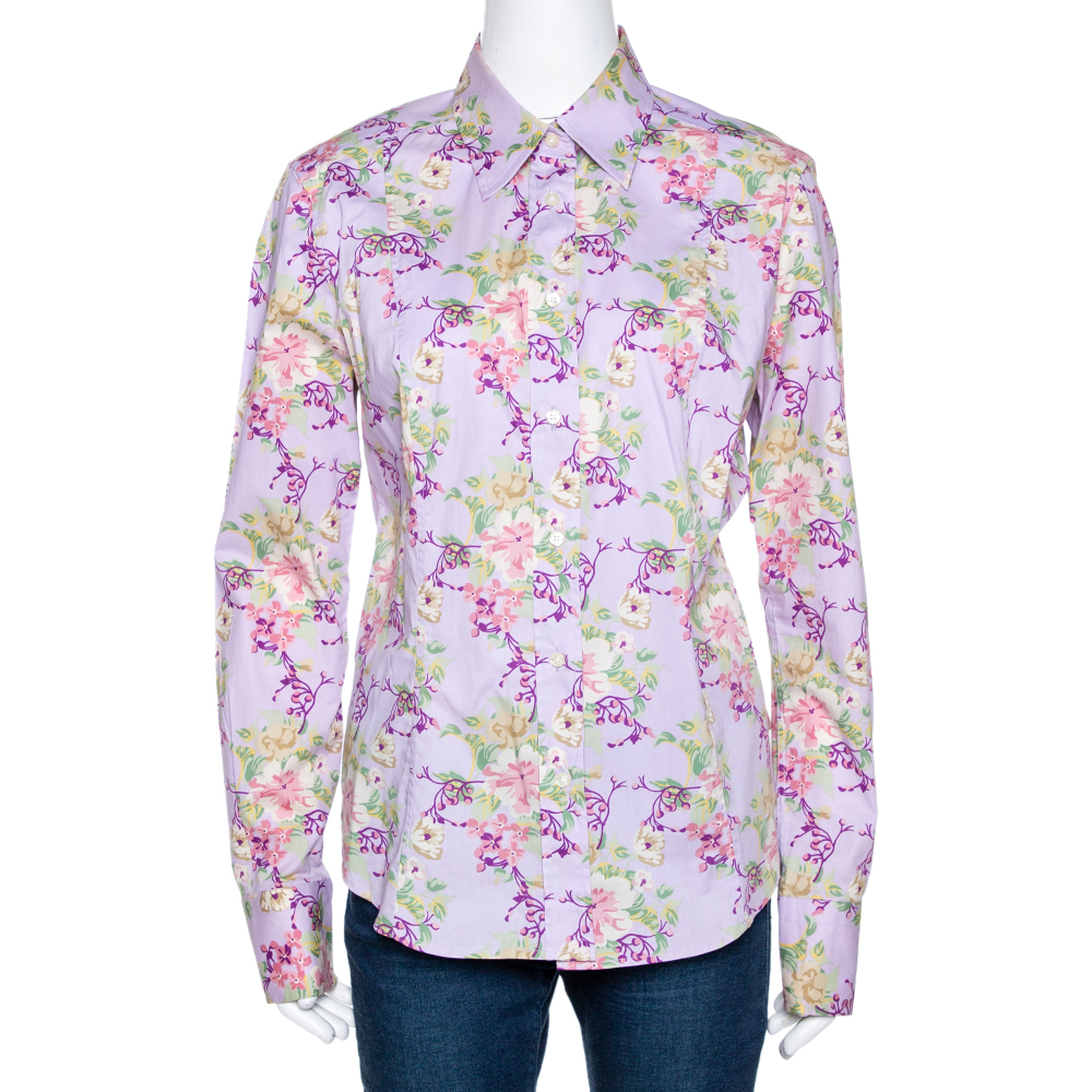 Etro Mauve Floral Printed Cotton Button Front Fitted Shirt L