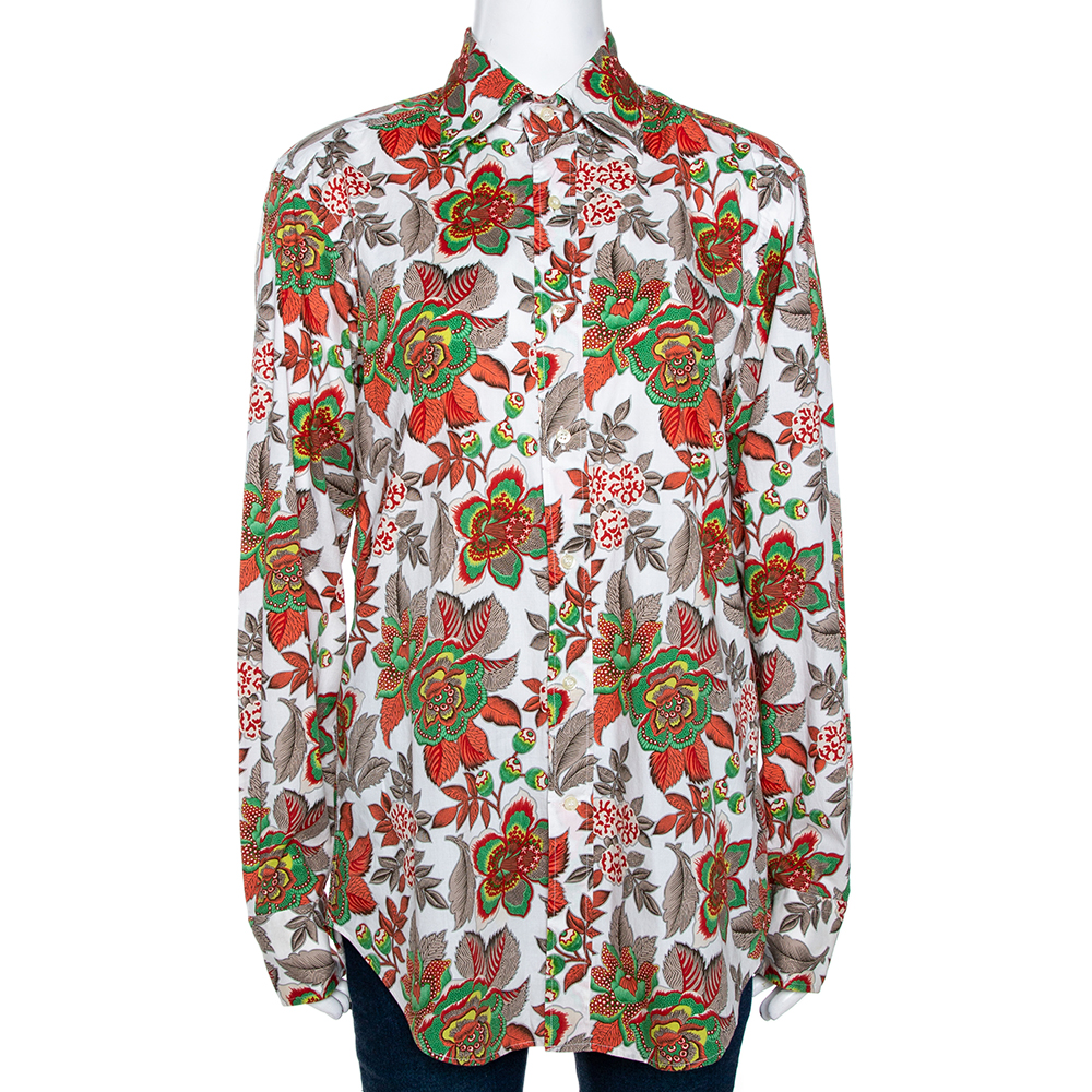 Etro White & Red Floral Printed Stretch Cotton Button Front Shirt M