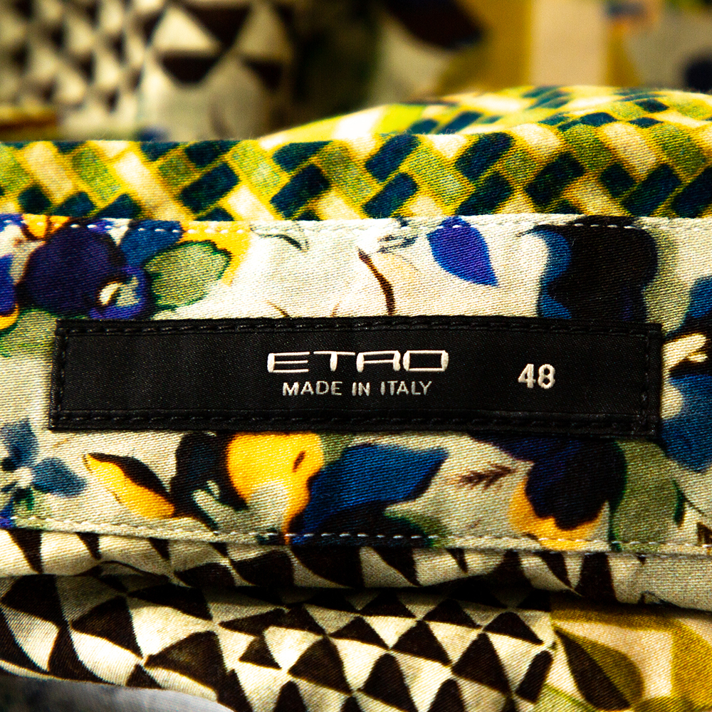Etro Yellow Stretch Cotton Multi Print Button Front Shirt L