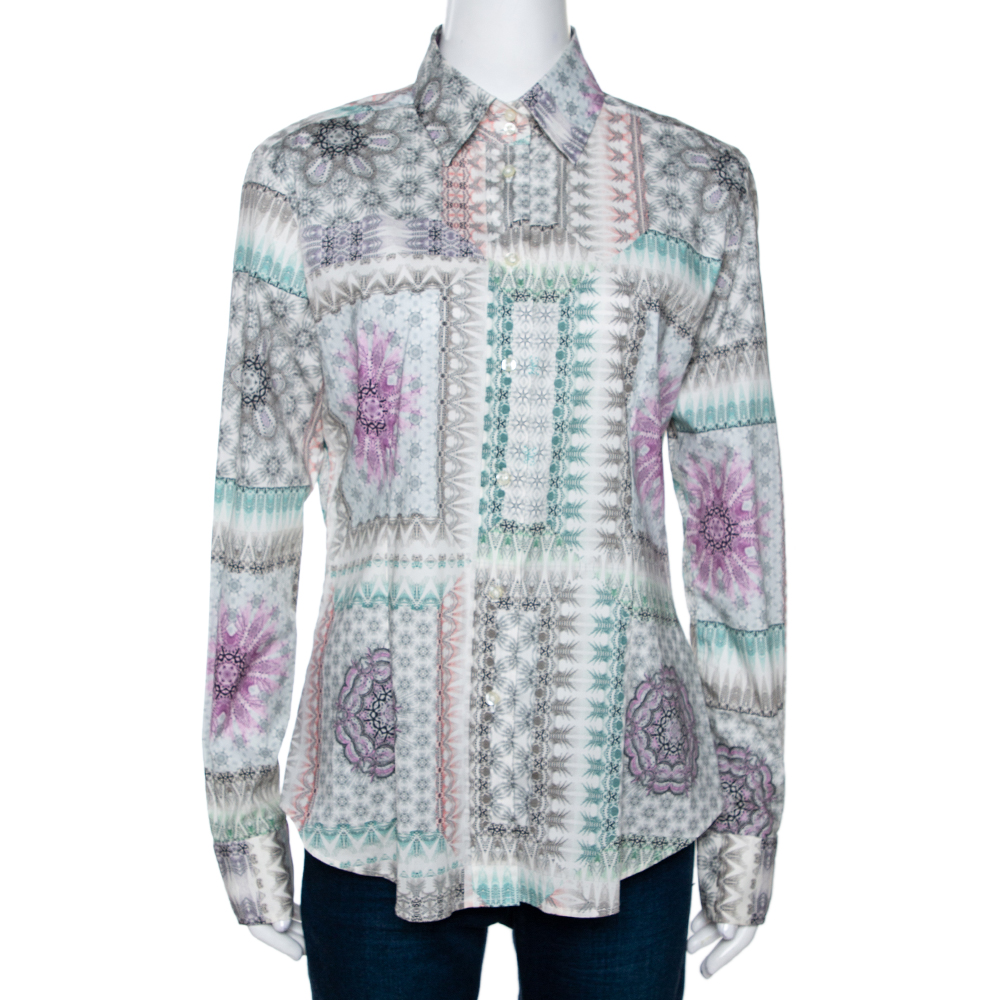 Etro Multicolor Abstract Printed Stretch Cotton Button Front Shirt L