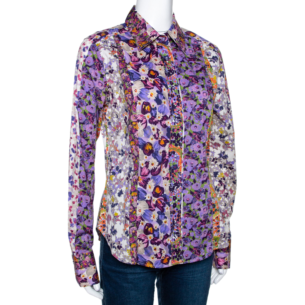 Etro Purple Floral Printed Stretch Cotton Button Front Shirt L