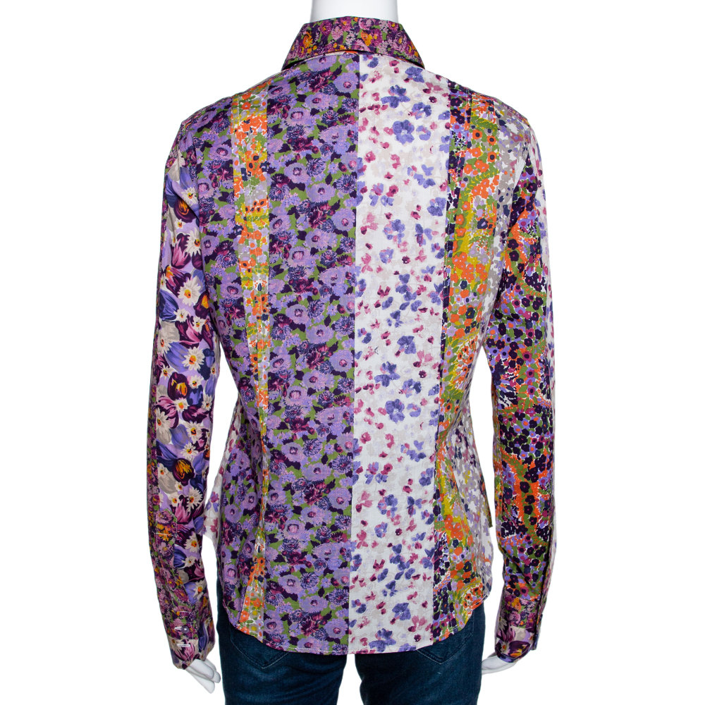 Etro Purple Floral Printed Stretch Cotton Button Front Shirt L