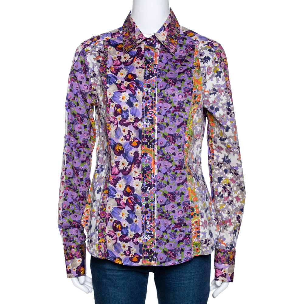 Etro Purple Floral Printed Stretch Cotton Button Front Shirt L