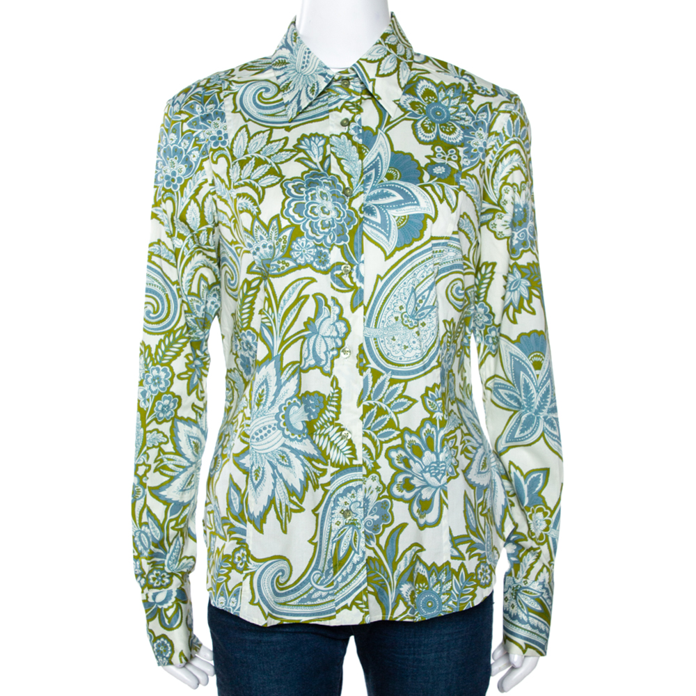 Image of Etro Blue & Green Paisley Printed Stretch Cotton Button Front Shirt L
