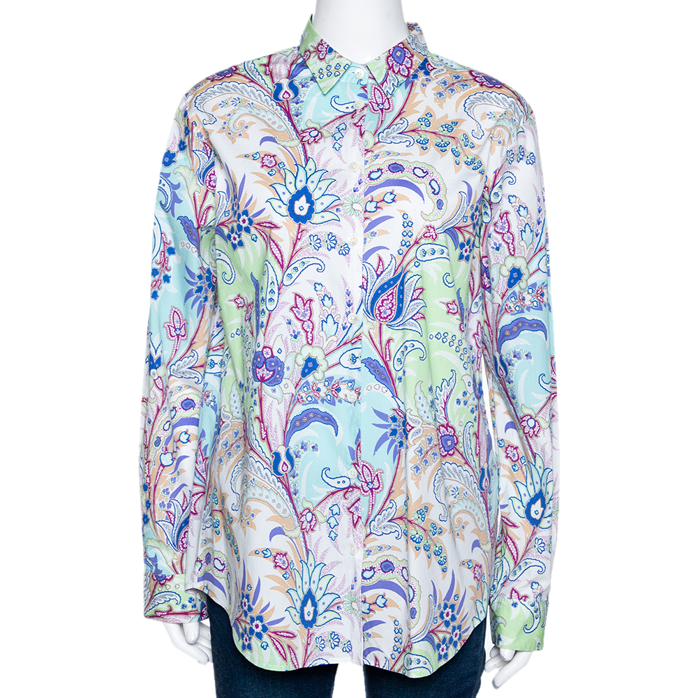 Etro Multicolor Paisley Printed Stretch Cotton Button Front Shirt L