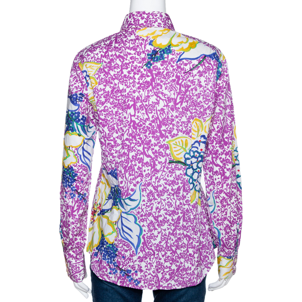 Etro Purple Floral Print Stretch Cotton Long Sleeve Shirt L