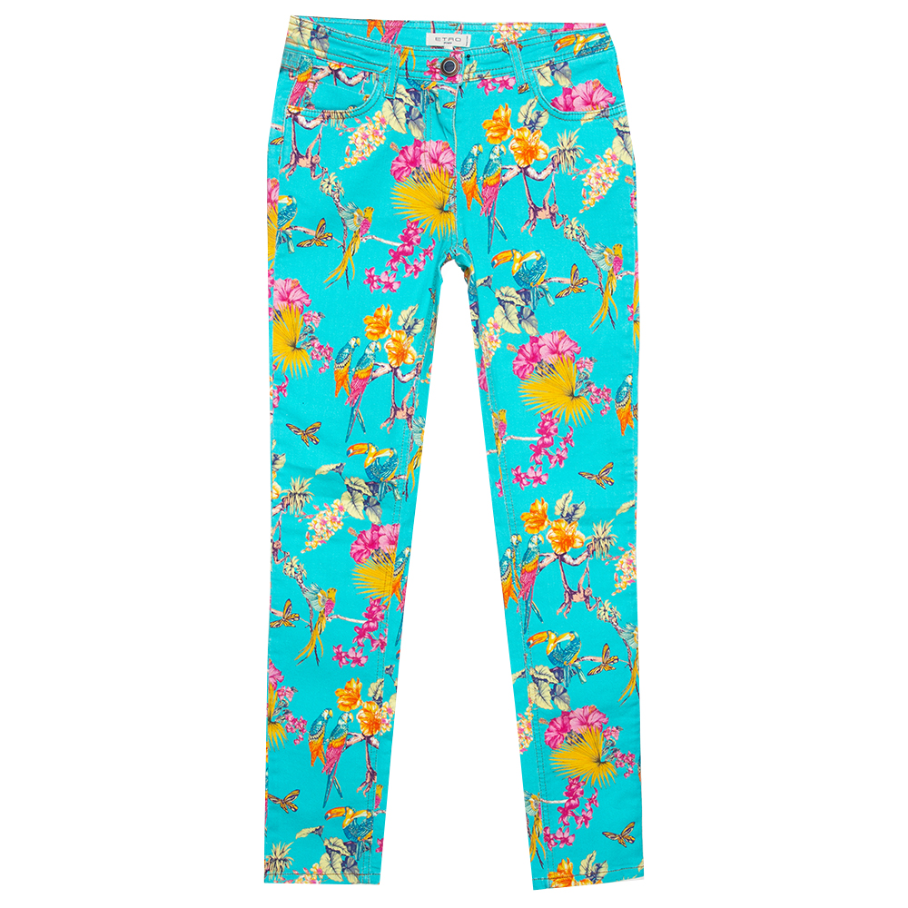 Image of Etro Cyan Blue Flora & Fauna Print Skinny Jeans S