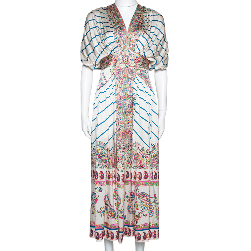 Image of Etro Cream Striped & Paisley Print Silk Gathered Midi Dress S