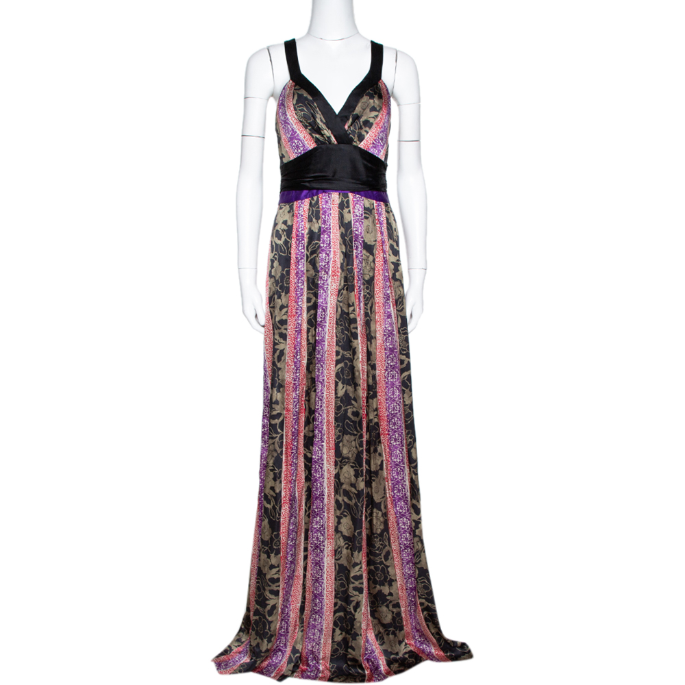 Image of Etro Black Paneled Floral Print Silk Halter Neck Maxi Dress M