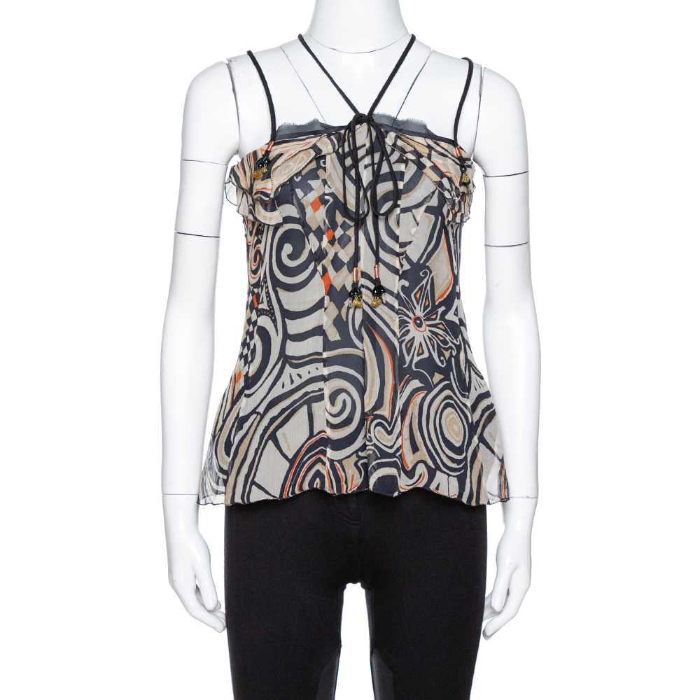 Image of Etro Black Printed Silk Ruffled Halter Neck Top M