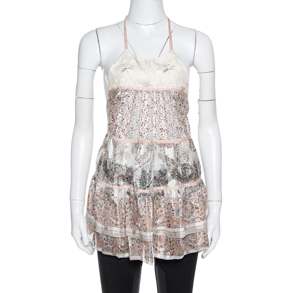 Image of Etro Cream Floral Print Silk Sheer Open Back Halter Neck Top M