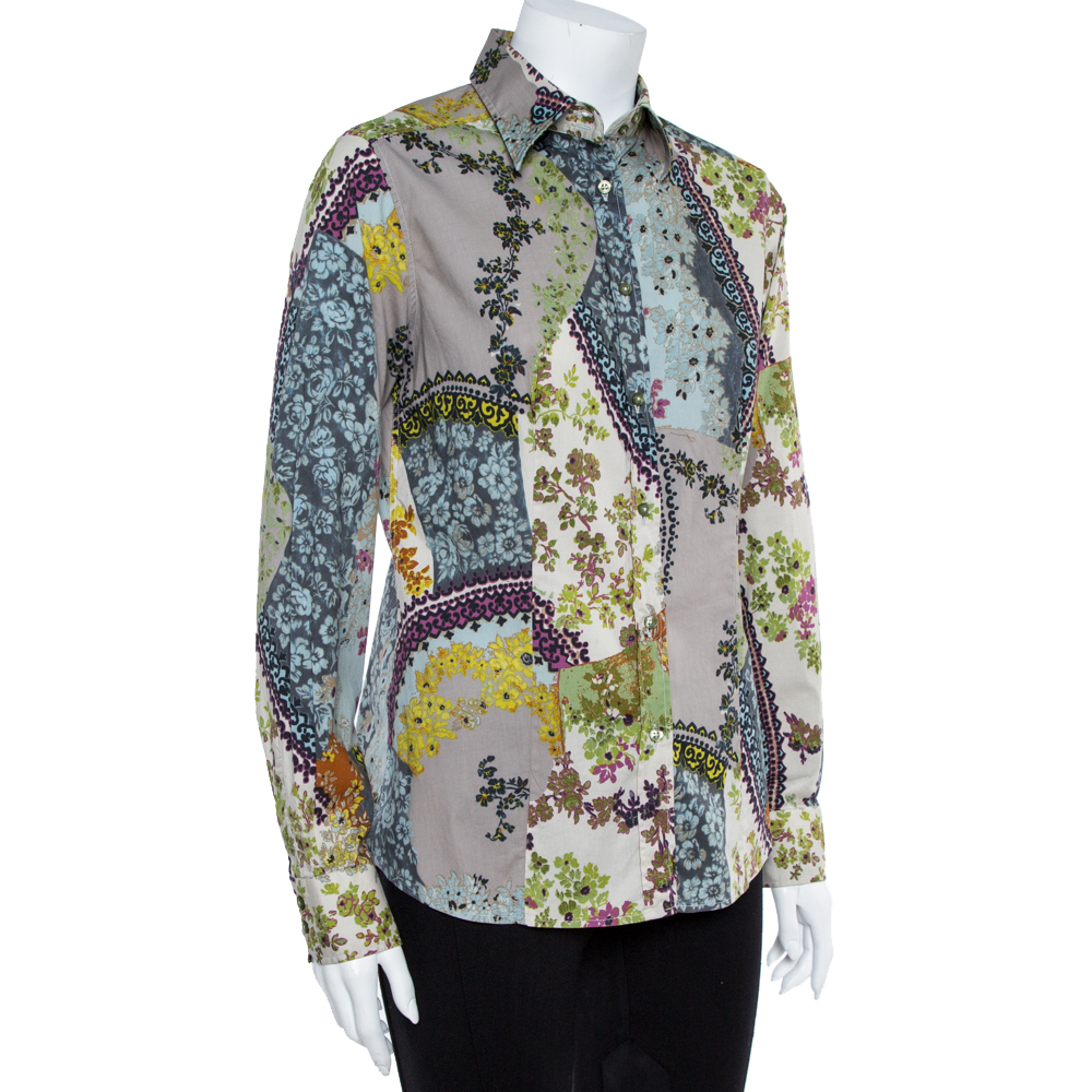 Etro Multicolor Floral Print Stretch Cotton Shirt L