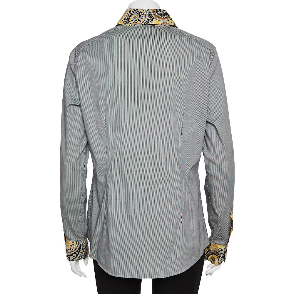 Etro Black And White Cotton Stripe Body With Paisley Print Shirt L