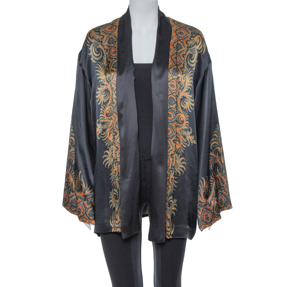 Image of Etro Black Satin Paisley Print Open Front Kimono Jacket M