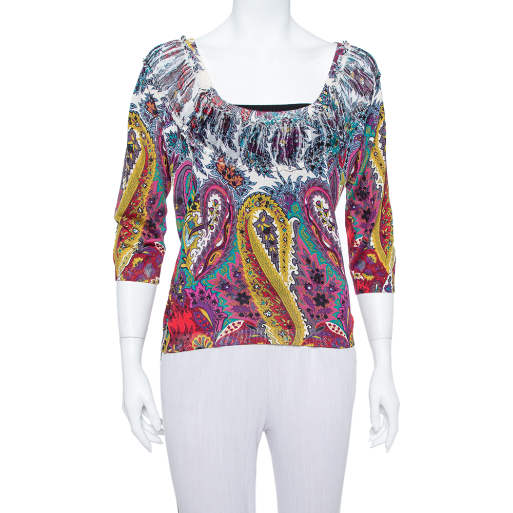 Etro Multicolor Paisley Printed Silk Knit Top L